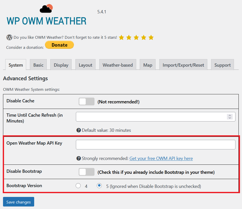 OWM Weather System Settings First Weather